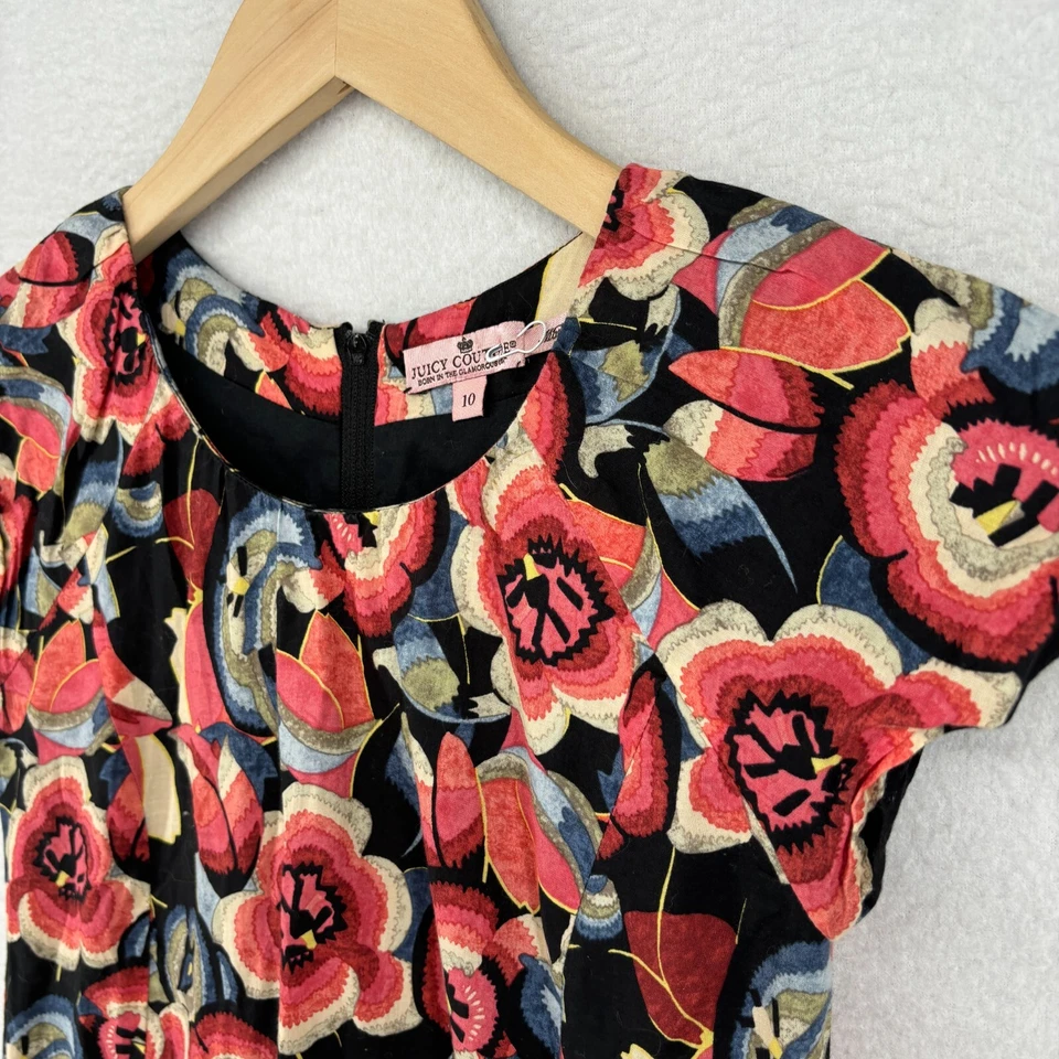 JUICY COUTURE Dress Girls 10 Floral Ruffled Round Neck Cap Sleeve Cotton Pink - Image 2 of 4