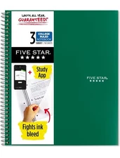 Five Star 3-Subject Spiral Notebook College Rule 150 Sheets Green + FREE GWP