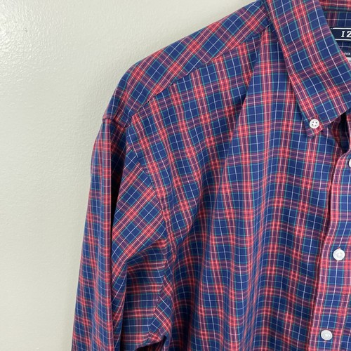 Izod All Over Stretch Dress Shirt Mens 17-17 1/2 34/35 Red & Blue Plaid Long SLV - Picture 2 of 15