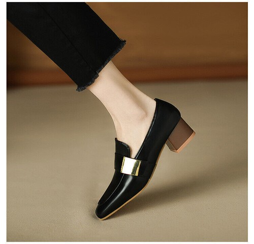 Women's Slip On Pumps Shoes Square Toe OL Ladies Mid Chunky Block Heels British - Bild 6 von 18