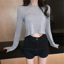 Women's Fashion Casual Tops Long-Sleeved Thin Section High Waist T-Shirt