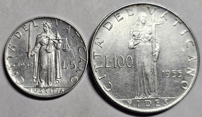 Vatican City 1952 5L 1955 100L Pius XII BU (2 coins) Free Shipping