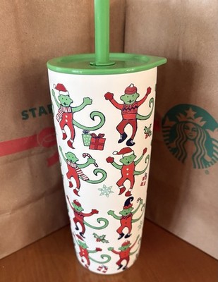 Starbucks Christmas Roller Rabbit Green & Red Monkey Tumbler 24OZ SUPER RARE  