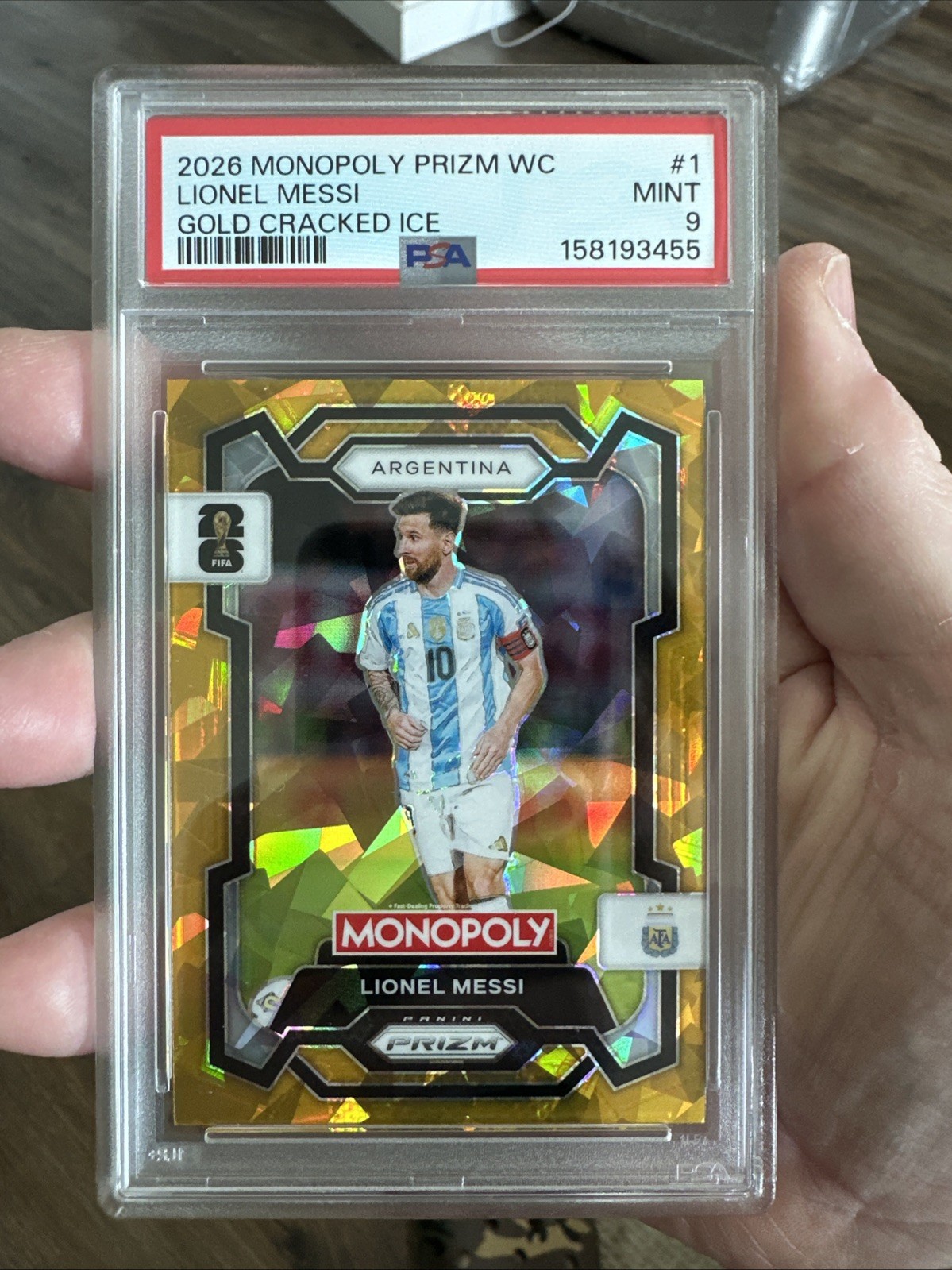 2026 MONOPOLY PRIZM WC LIONEL MESSI GOLD CRACKED ICE LOW POP PSA 9 view 3