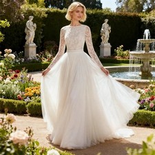 Lace Wedding Dress Full Illusion Sleeves A-Line Long Bride Gown Mesh Bridal Gown