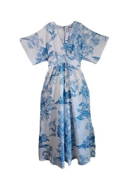 BALTIC BORN Size XL Dara Maxi Dress Tropical Blue White Kimono Sleeve Extra Long