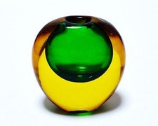 Vintage kleine Murano Glas Sommerso Vase - grün & gelb - H.9 cm.