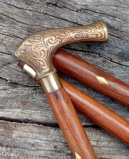 Antique Brass Designer Handle Wooden Walking Cane Stick Vintage Victorian
