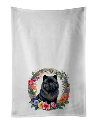 Black Chow Chow and Flowers Kitchen Towel Set of 2 White Dish Towels Decorative