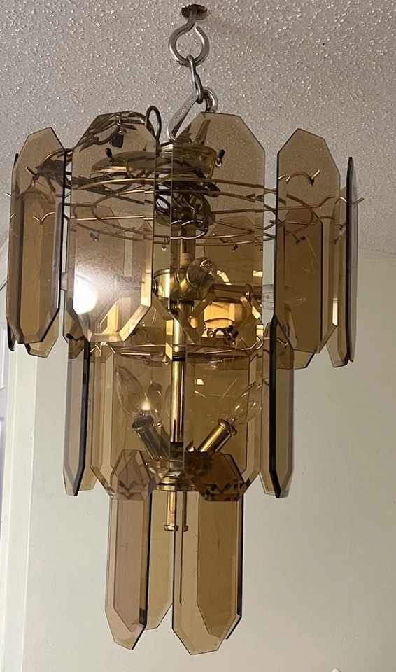 Vtg 7-light Brass & Smoked Etched Glass Chandelier Tiered Light Fixture Amber - Image 3 of 4