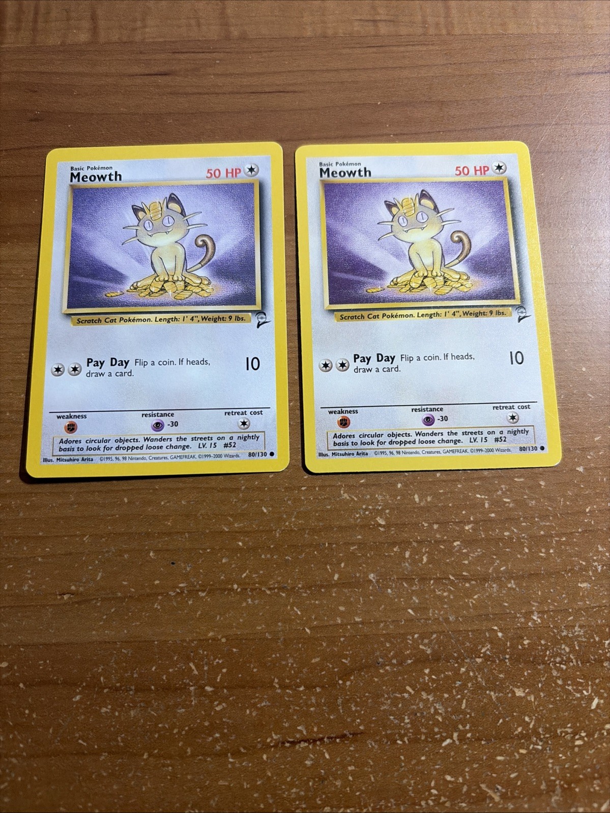 Pokemon Card Meowth 80/130 Base Set 2 Unlimited  Common WOTC Cards (x2)