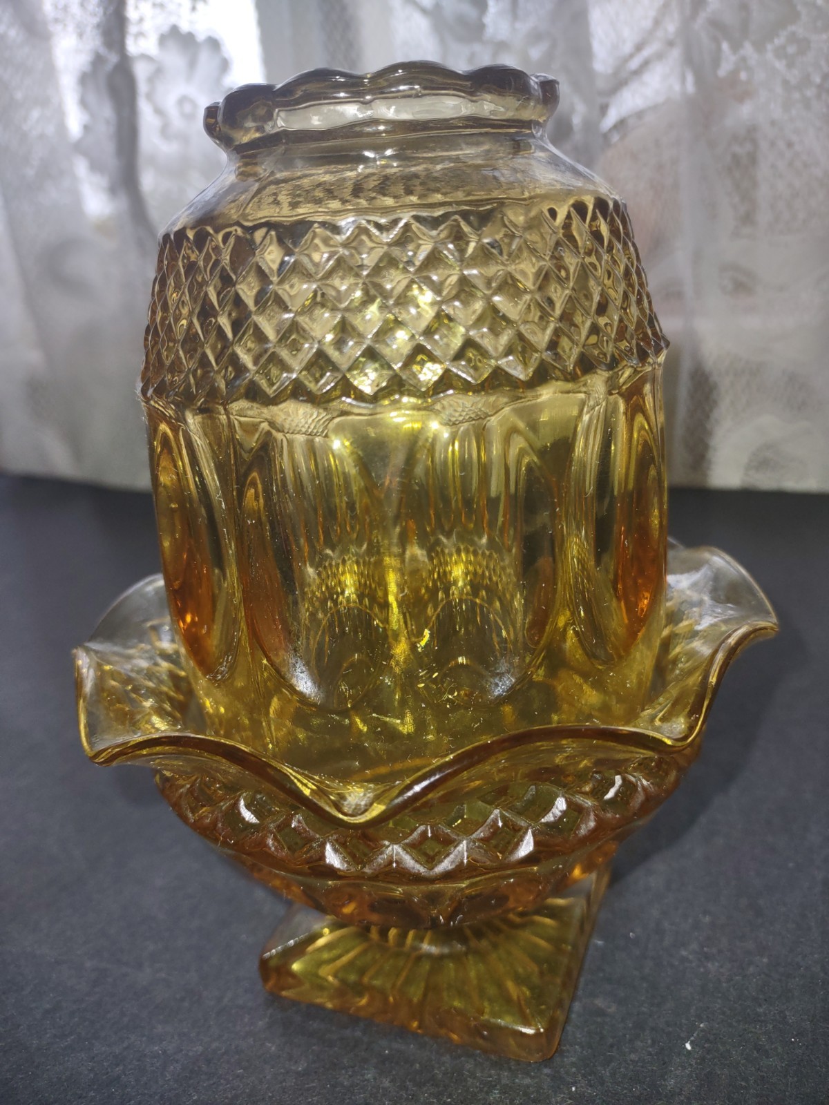 VINTAGE WESTMORELAND GLASS WAKEFIELD AMBER FAIRY LAMP 2 PIECE