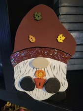 Fall Gnome wood cutout holding flowerpot, fall, autumn decor.