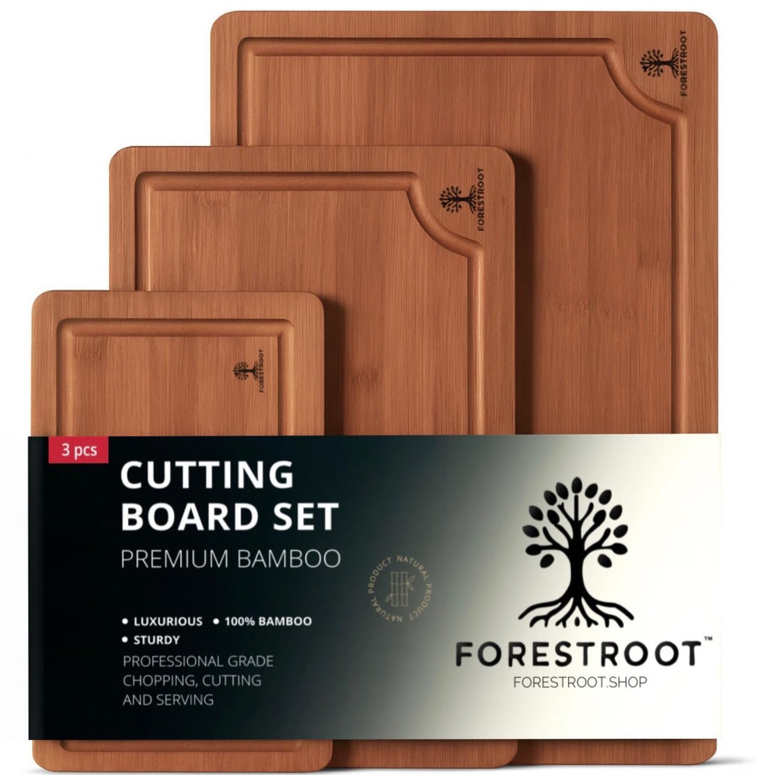 Bamboo Cutting Board Set – 3-Piece Wooden Kitchen Boards for Meal Prep & S