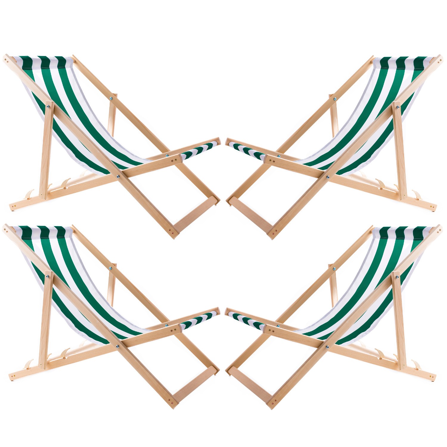 Chaises Longues M422 Woodok | Lot de 4 Transats en Bois Résistant à Rayures Vertes
