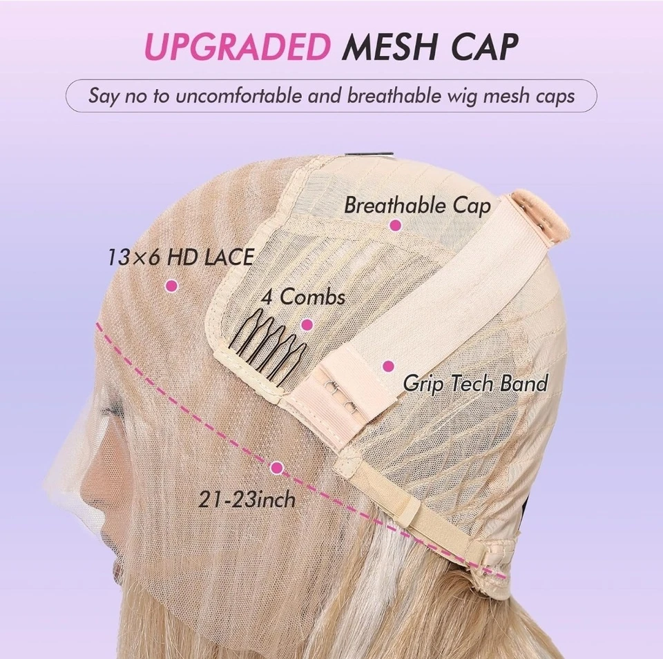 Long Platinum Blonde Wig HD Front Lace Human Hair Blend Highlights Straight - Image 3 of 4