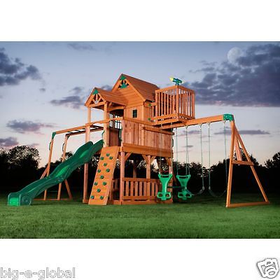 NEW Outdoor Skyfort II Cedar Wooden Swingset Play Set Toy with Slide Playhouse Compare Prices