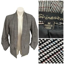 Shinestar Blazer Women Medium Gray Plaid Jacket Ruched Work Office Corpcore