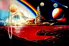 Stretched, Abstract Moon, Stars and Lake, Hand Painted Oil Painting 24x36in