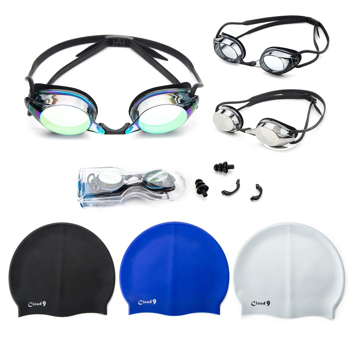 Swimming Goggles and Swim Caps Combo Pack Adult Anti Fog UV Adjustable Strap