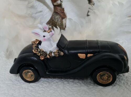 Vintage Coniglietti Pasquali In Auto 22Cm Pasqua Shabby Decorazione Country