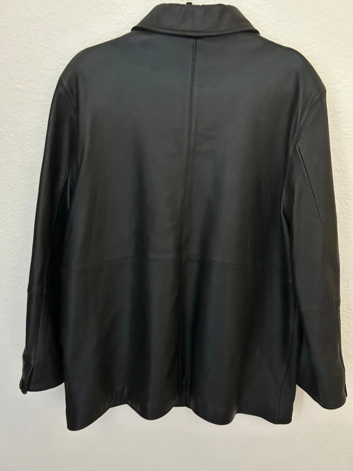 100% Soft Leather Long Black Jacket Lined Lux  Zip Women Sz LG Thigh Length IZZI - Image 2 of 4