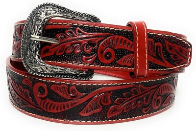 RED WESTERN LEATHER BELT. FLORAL EMBOSSED LEATHER BELT  display picture 3