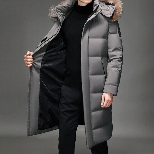 Herren Winter Lang Puffer Warm Kapuze Parka Entendaunen Jacke Mantel Fellkragen Dick - Bild 22 von 22