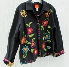 Black Cotton Floral Embroidered Women's Jacket Size 10 Boho Colorful Festival