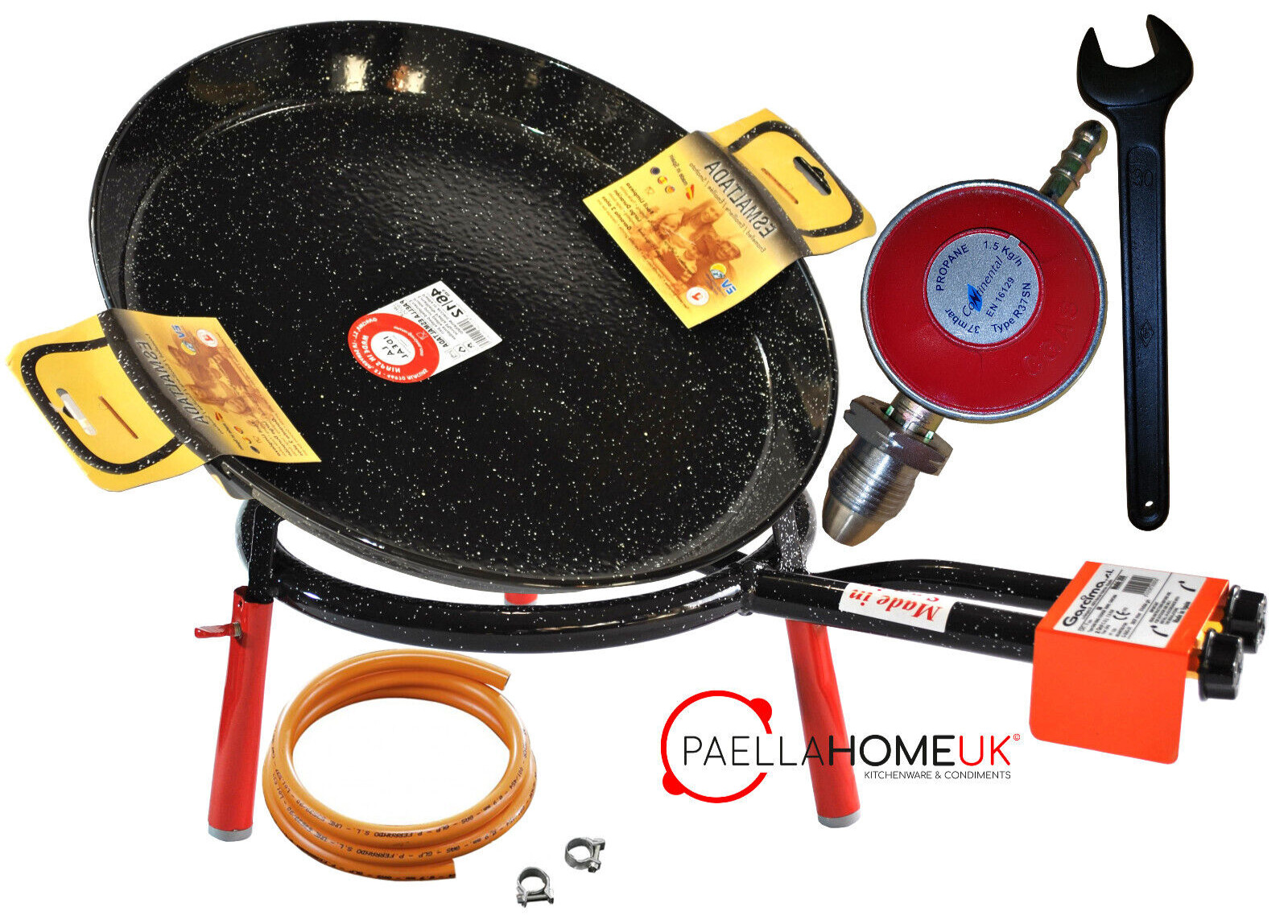 60cm Enamelled Paella Pan + 50cm 2 Ring Gas Burner + Propane Regulator +Legs Set
