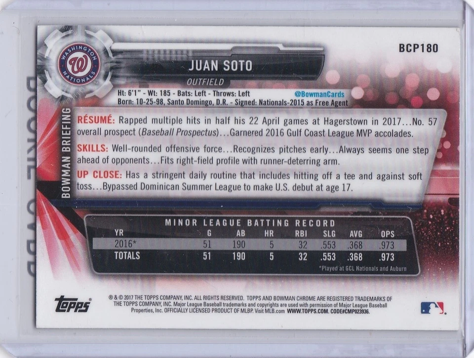 Tarjeta de novato Juan Soto 2017 Bowman cromada MLB RC Nationals New York Yankees Mets Foto 2 de 2