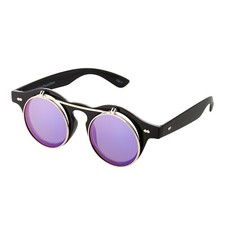 Black + Purple Mirrored Flip up Circle Steampunk Glasses Cyber Round Sunglasses