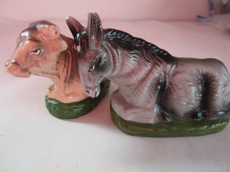 Vintage Chalkware or Papermache COW & DONKEY Nativity Creche Figures Grey Brown