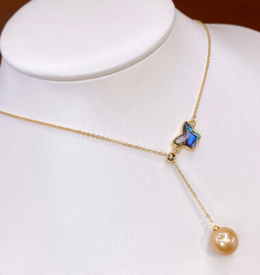 Natural 10-11mm gold Kasumi Pearl Abalone Shell  pendant Necklace 