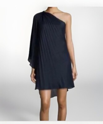 Halston Heritage Pleated Asymmetric One-Shoulder Short Dress - Navy Blue Size S