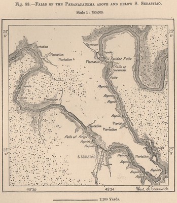 Wasserfälle des Paranapanema oberhalb und unterhalb von Sao Sebastiao. Brasilien 1885 alte Landkarte