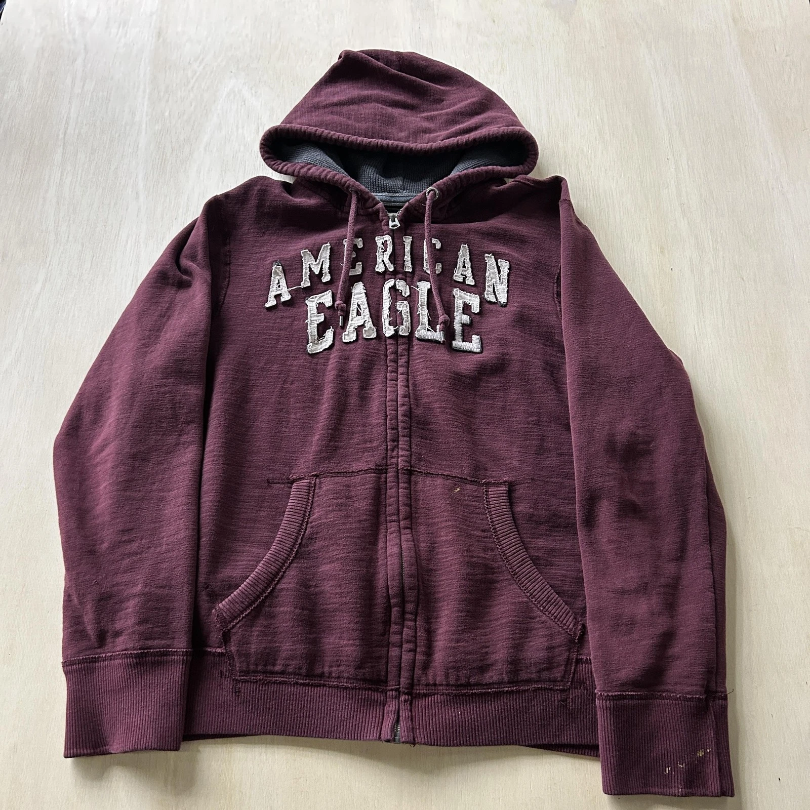 Y2K American Eagle Hoodie Mens 2XL Red Thermal Hood Full Zip Embroidered Logo