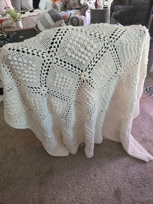 Off White Crochet, Handmade Square Pattern Afghan 90''x68''  Traditional Rectangle