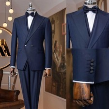 Men Navy Blue Suit Double Breasted Jacket Peak Lapel Party Wedding Formal