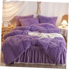 Faux Fur Comforter Cover Set, Soft Fuzzy Plush Bedding Set 3 Queen Purple