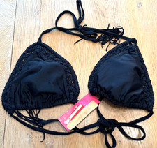 XHILARATION WOMEN'S CROCHET TRIANGLE BIKINI TOP BLACK TASSEL NEW S, M, L, DD