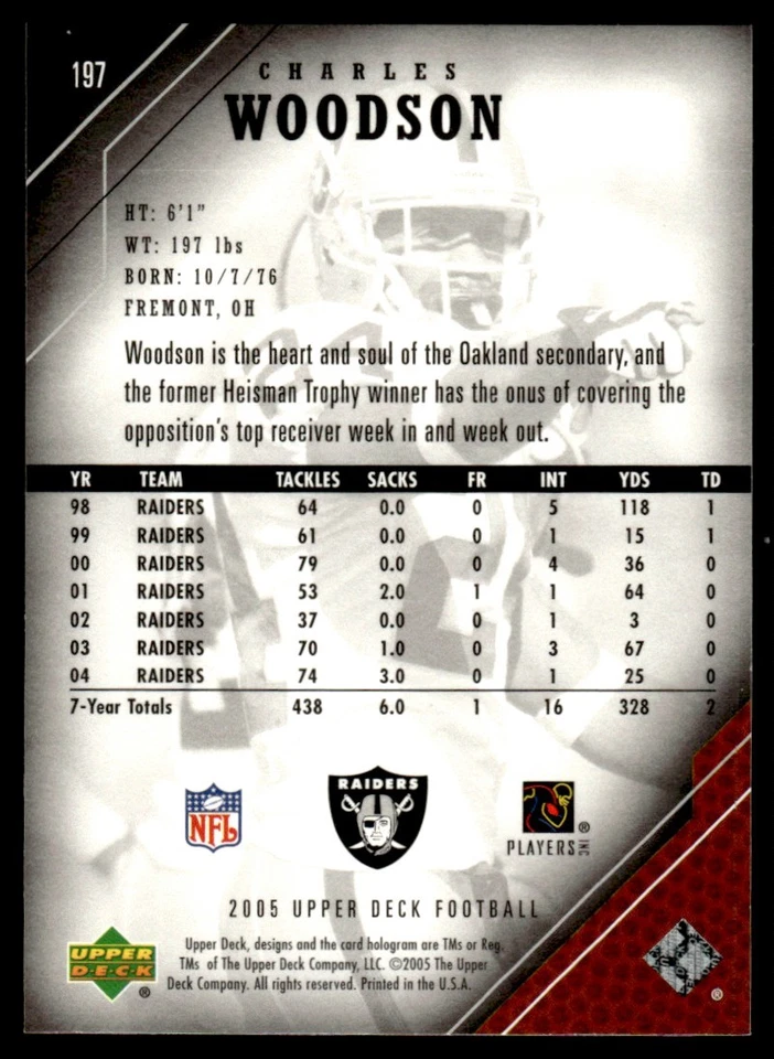 2005 UPPER DECK FOOTBALL CARD CHARLES WOODSON #197 OAKLAND RAIDERS 4984 - Image 2 of 2
