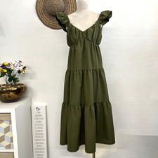 Olive green tier ruffle cottage core midi dress XS peasant milkmaid boho gypsy