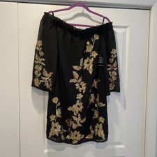 Gorgeous, New BOSTON PROPER Off Shoulder Dress Gold Metallic Embellishments Med.