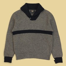 RRL Double RL Gray/Navy Striped Merino Wool Shawl Collar Pullover Sweater Fits M