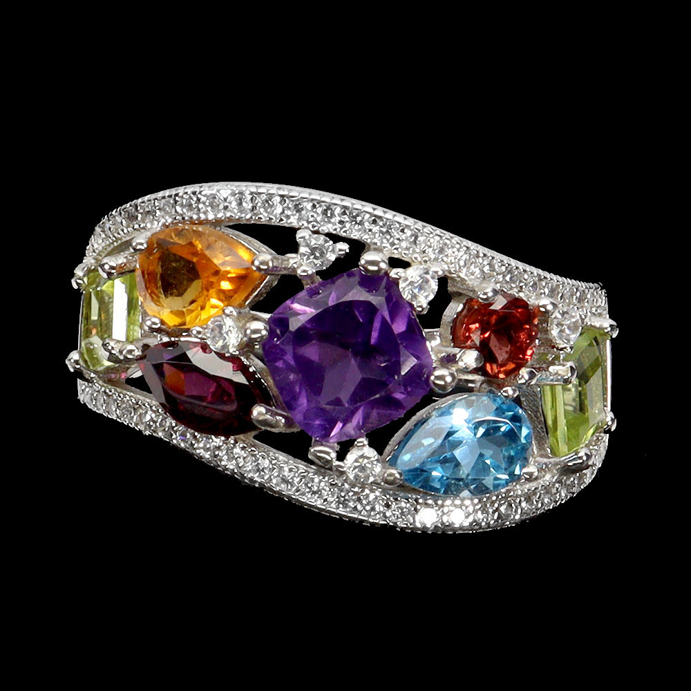 925 Sterling Silver Ring with Amethyst Citrine Peridot Topaz Gemstones Size 7
