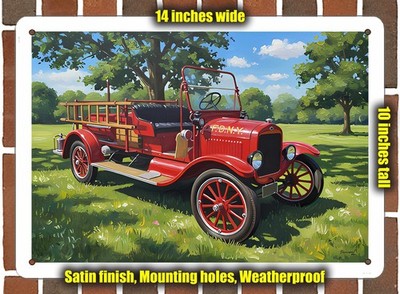 Metal Sign - 1925 Ford NYC Fire Truck Oil Painting - 14x10