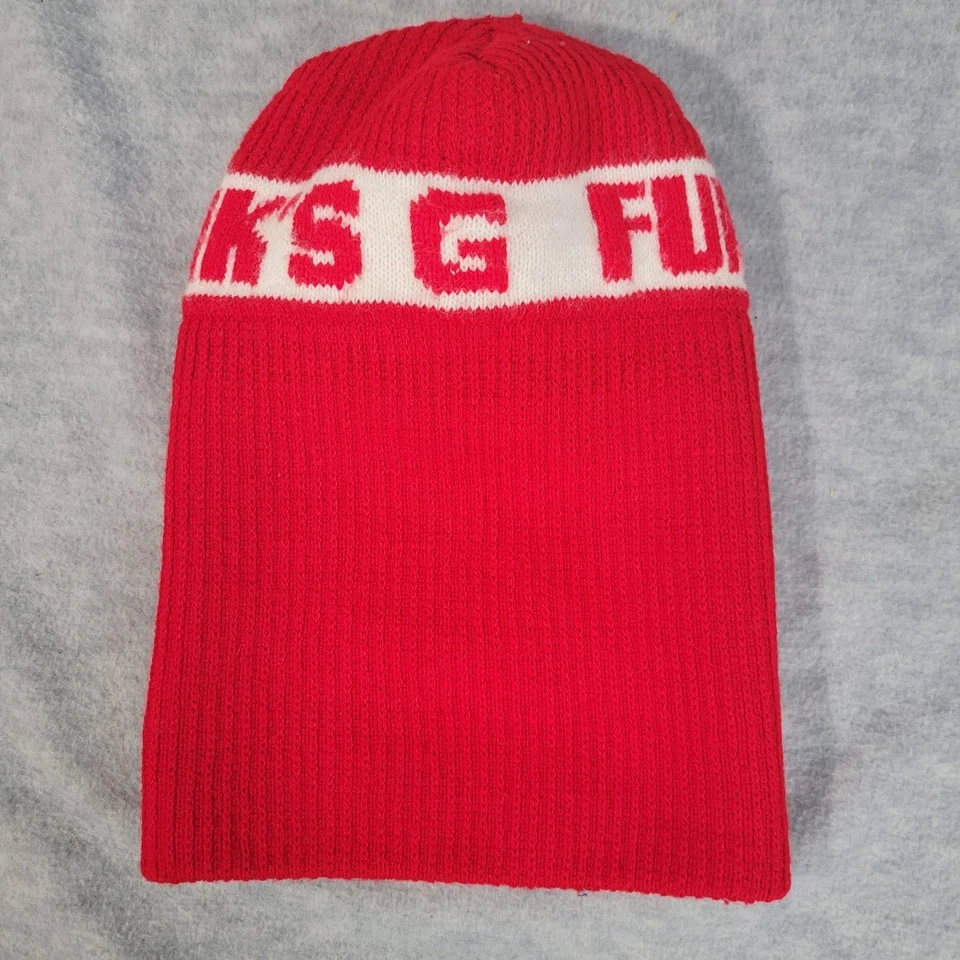 Boné de inverno vintage década de 1970 funk's G malha de esqui gorro vermelho/branco adulto - Imagem 3 de 4