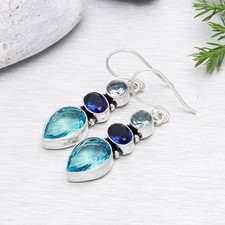 Blue Topaz, Blue Sapphire Drop Earrings 925 Sterling Silver Multicolor Gemstone