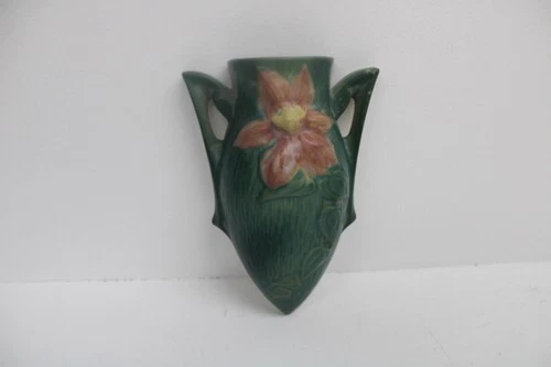 Roseville Clematis Green 1944 Vintage Art Pottery Ceramic Wall Pocket 1295-8